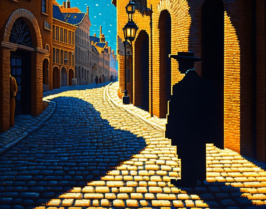 Twilight scene: cobblestone street, old buildings, street lamps, shadow of a person.