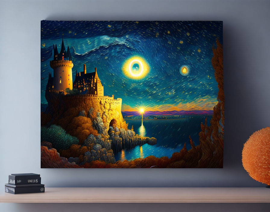 Fantasy castle overlooking sea with two moons in starry night-inspired painting