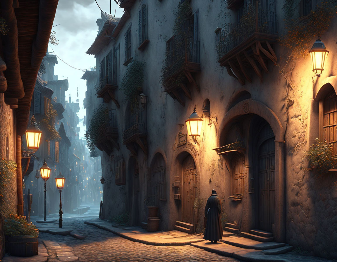 Cloaked figure walking in quaint old town at dusk