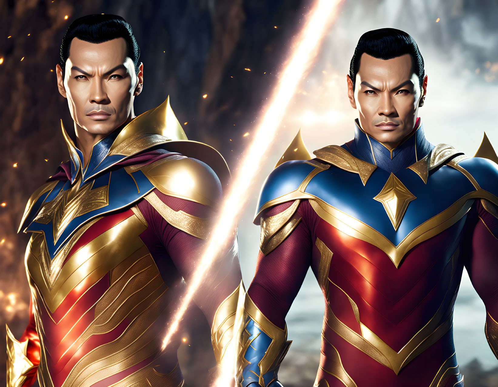 Stylized superhero characters in metallic costumes against explosive backdrop