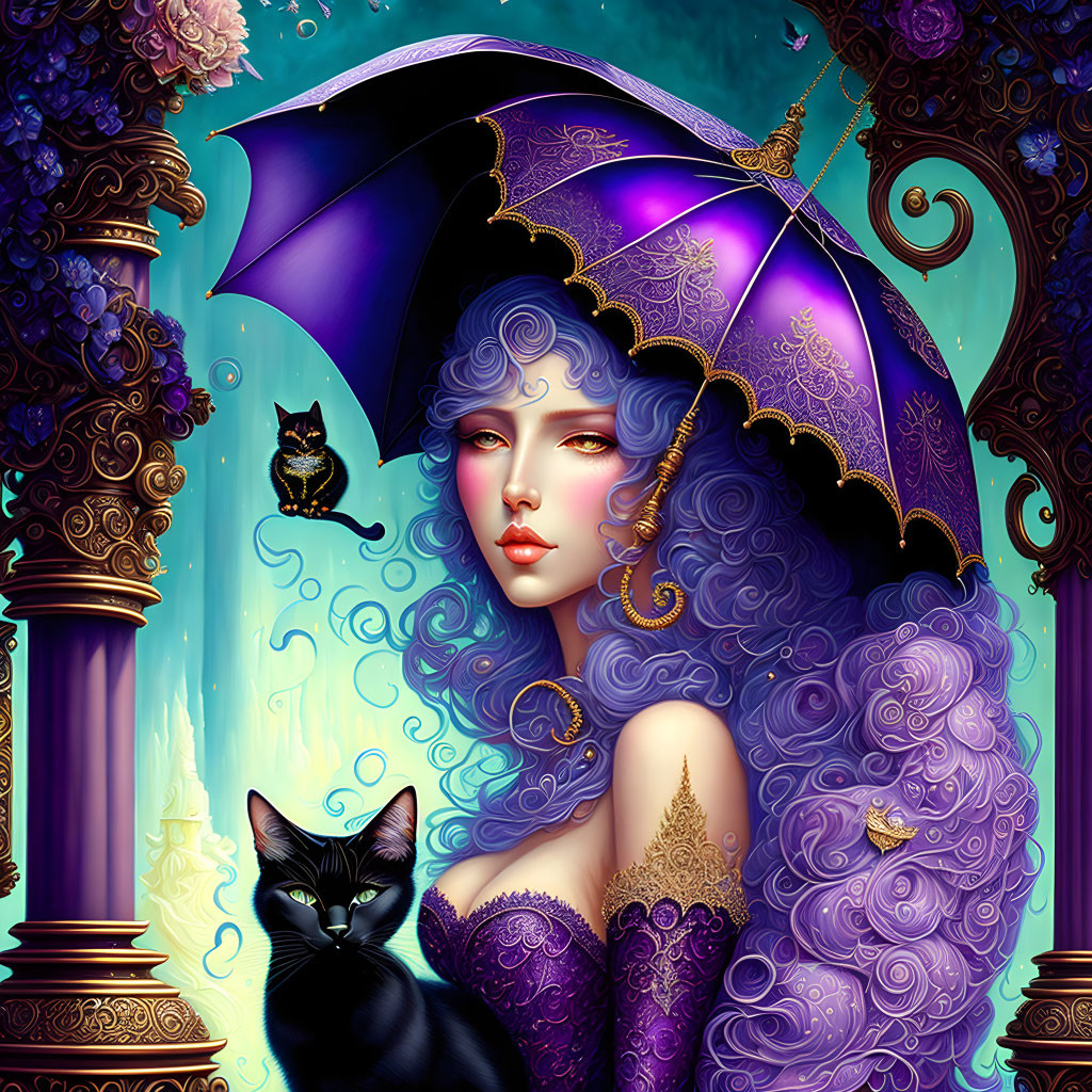 Fantasy artwork of woman with purple hair holding umbrella, with black cats, teal and purple background.