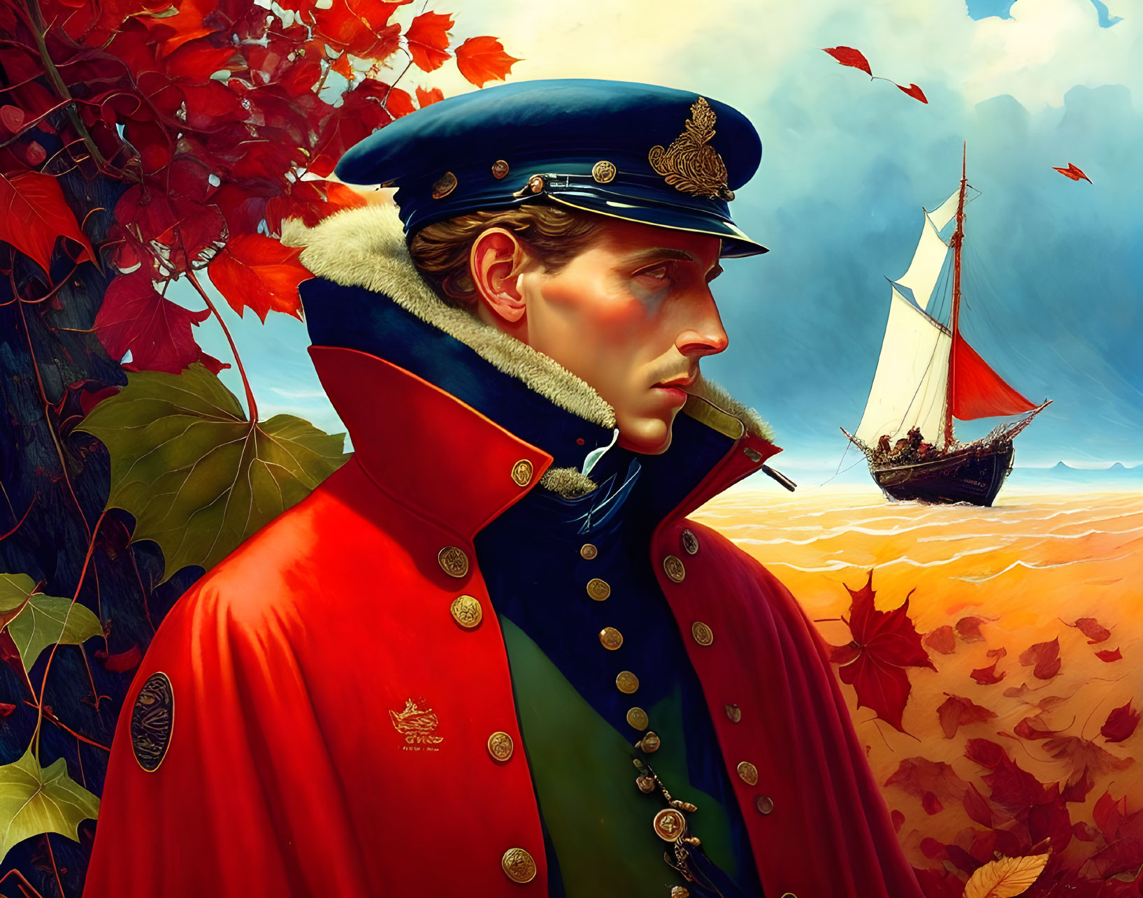 Young officer in red military jacket with fur collar, gazing at ship and autumn leaves.