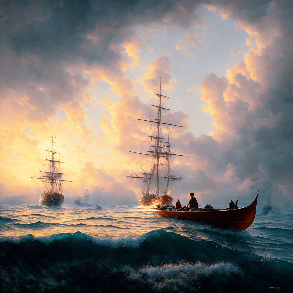 Majestic sailing ships and boats on turbulent sea at sunset