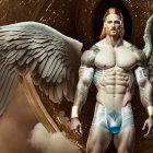 Angel wings man in white bodysuit on rocky backdrop
