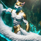 Muscular anthropomorphic cat in golden armor on teal background