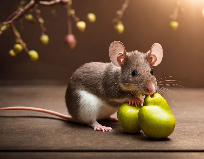 A mouse eats a small pear