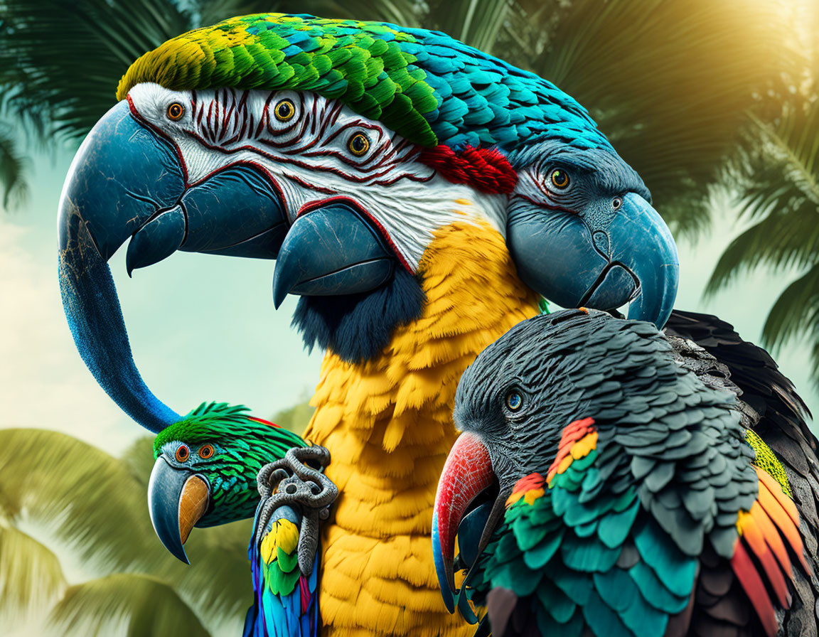 Vibrant colorful parrots perched in lush greenery
