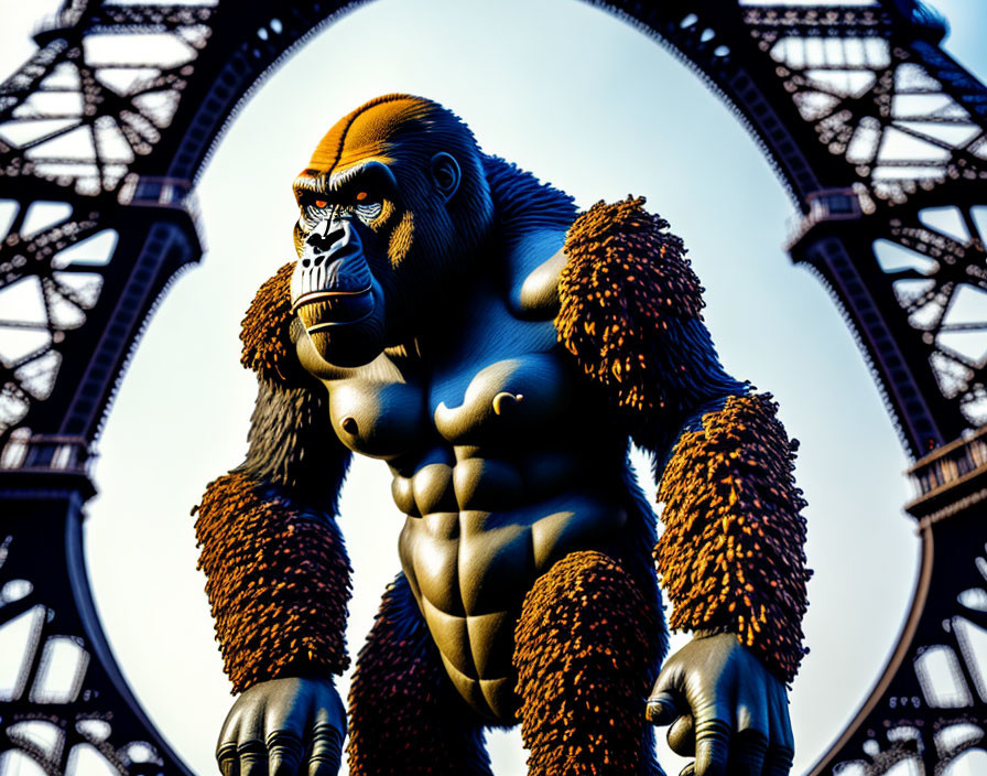 Powerful gorilla in front of Eiffel Tower: digital art with bold stance