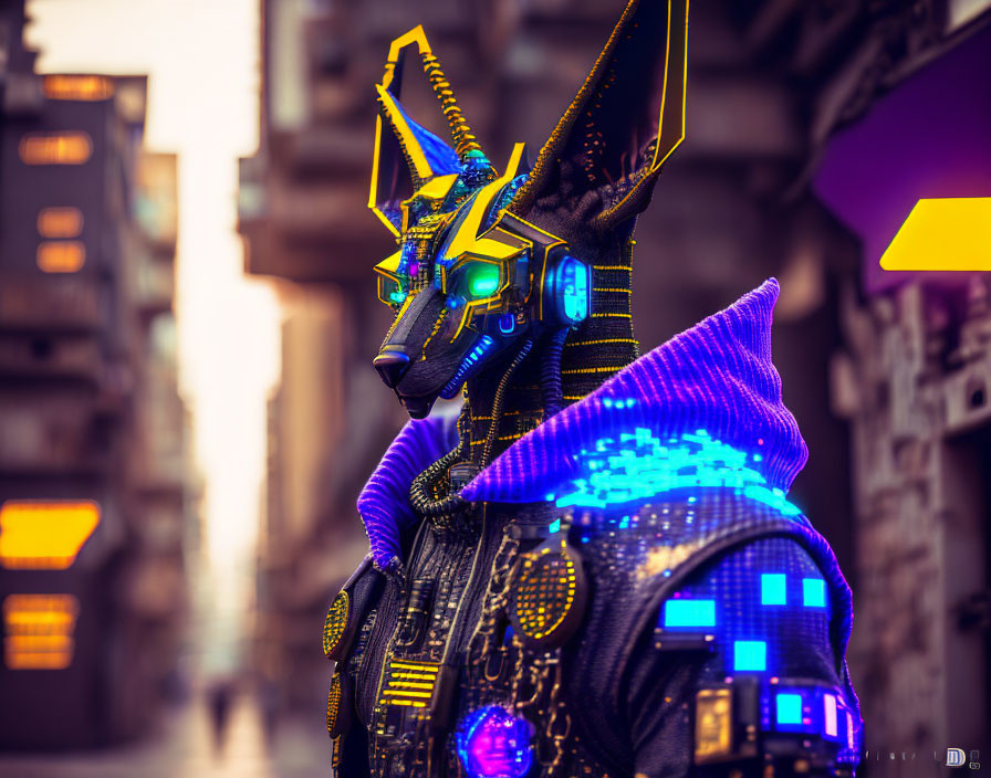 Elaborate Anubis-Like Cybernetic Costume in Urban Twilight