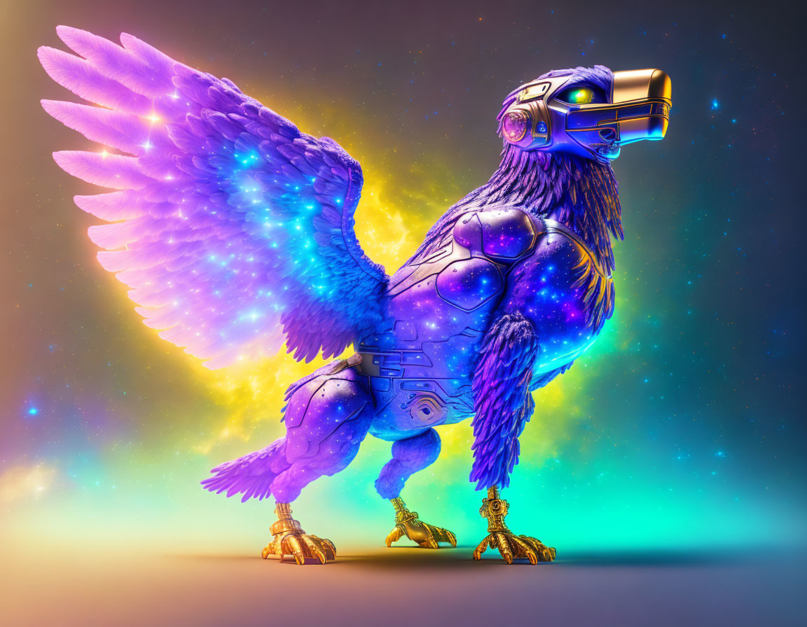Cybernetic eagle with illuminated feathers in cosmic setting