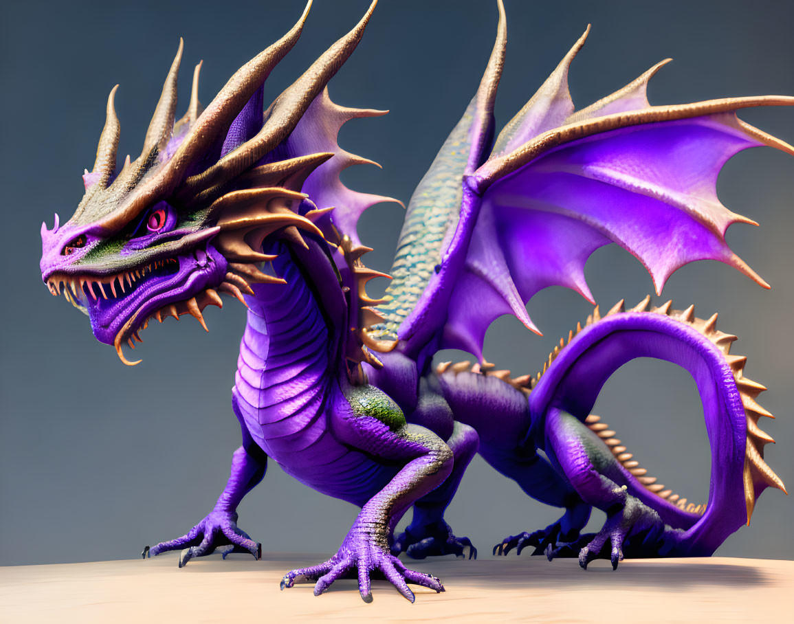 Purple and Green Dragon with Large Wings and Spiked Tail on Neutral Background