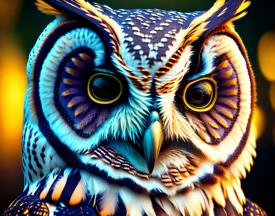 Colorful Owl with Intricate Feathers and Yellow Eyes in Close-up Shot
