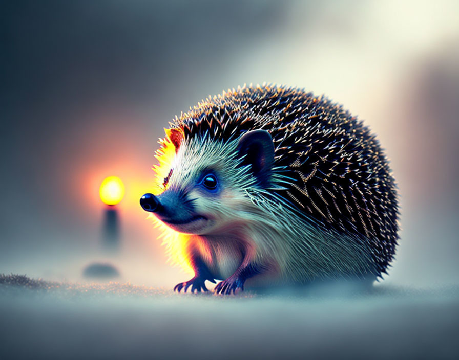 Detailed illustration of adorable hedgehog with glistening spines in dreamy soft-focus background