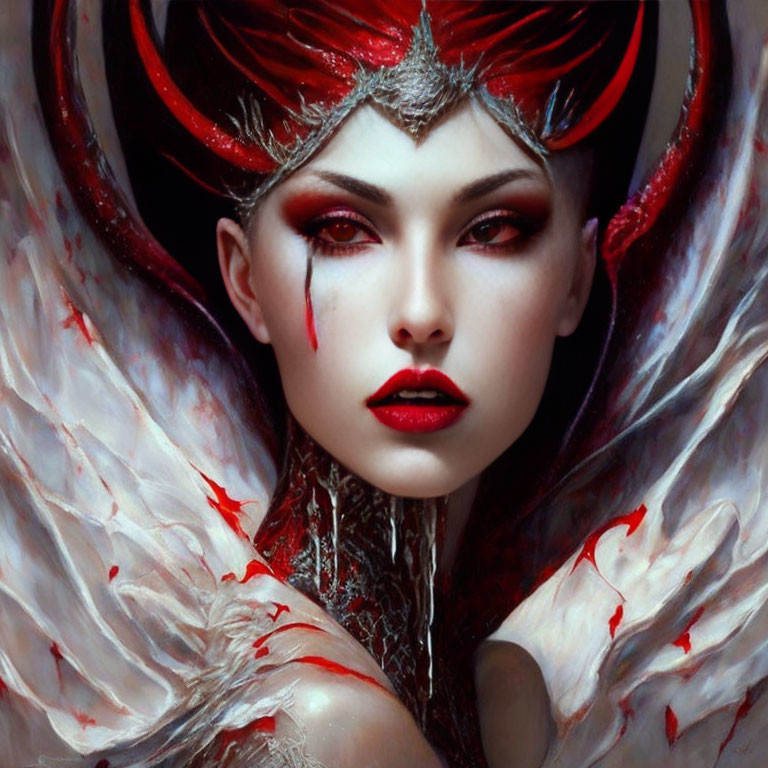 Fantasy portrait of woman with pale skin, red and black makeup, red crown headpiece, blood