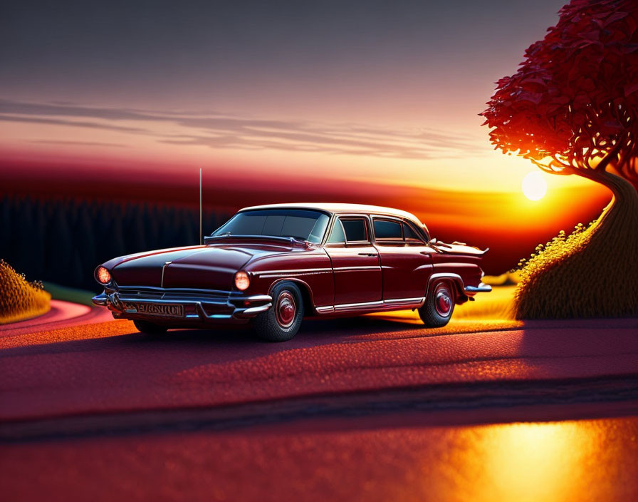 Red and Black Classic Car on Winding Road at Sunset