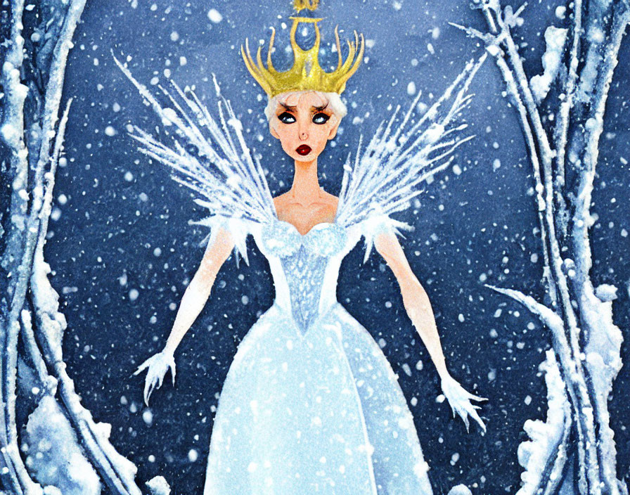 Illustration of queen with crown and icicle accessories in blue gown on snowy background