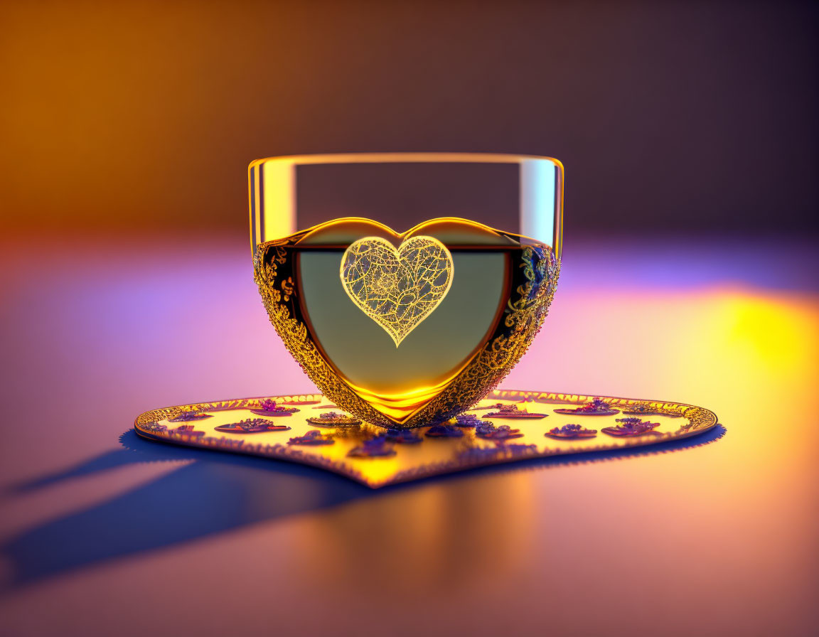 Heart-shaped glass with intricate patterns on multicolored background