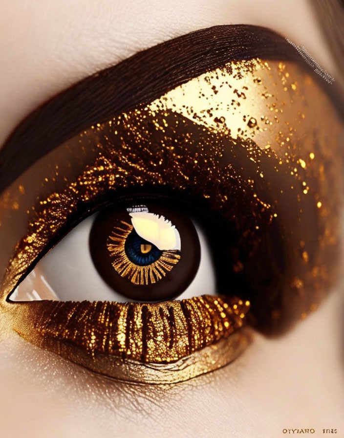 Detailed Close-Up of Eye with Golden Eyeshadow, Glitter, and Hazel Iris