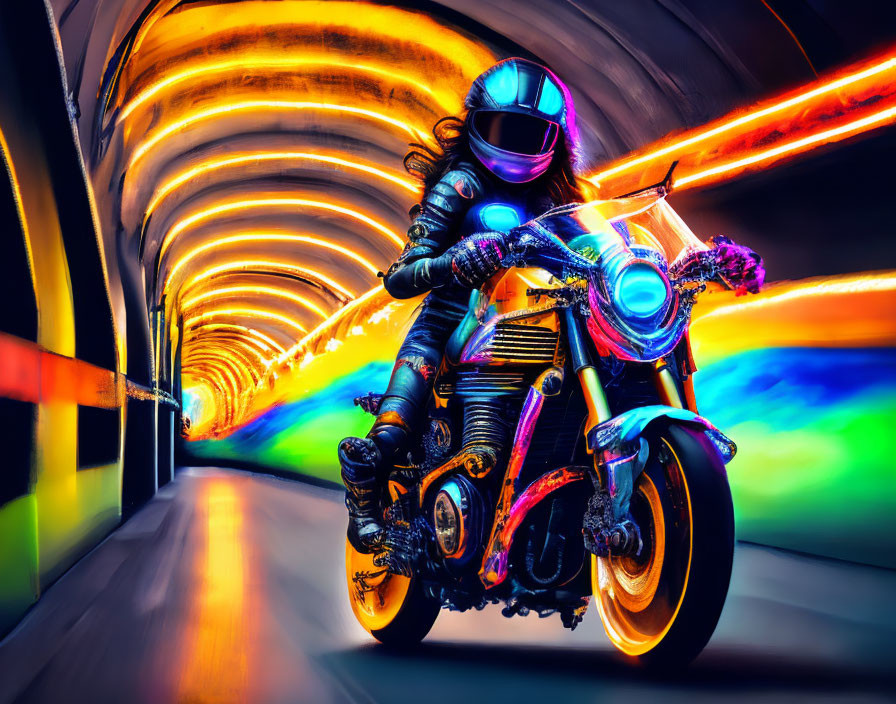 Futuristic rider on glowing motorcycle in neon-lit tunnel