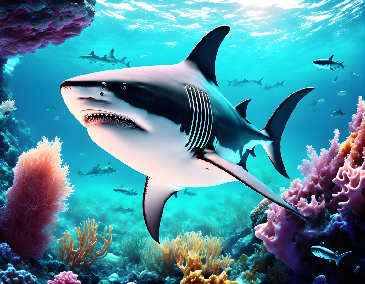 Colorful Underwater Scene with Shark, Coral Reefs, and Fish