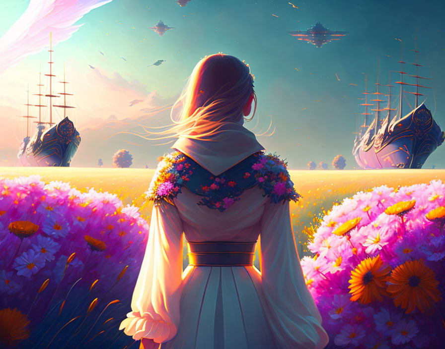 Woman in vibrant flower field with floating ships and surreal sky