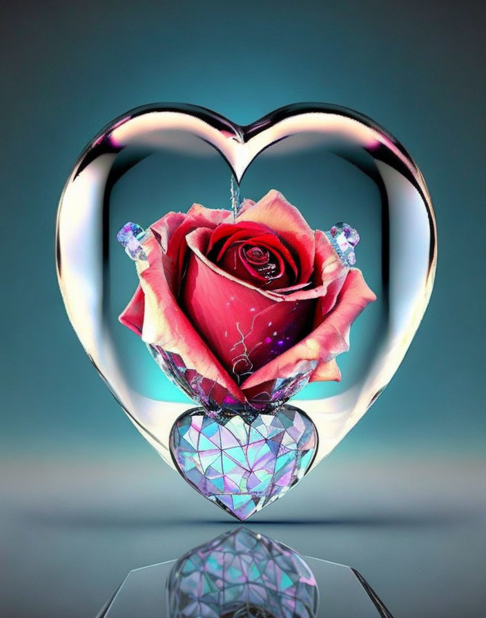 Digital Artwork: Rose in Heart-Shaped Glass with Diamond-Like Details