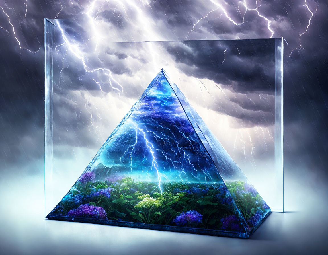 Vibrant landscape under stormy sky with luminous pyramid & lightning bolts