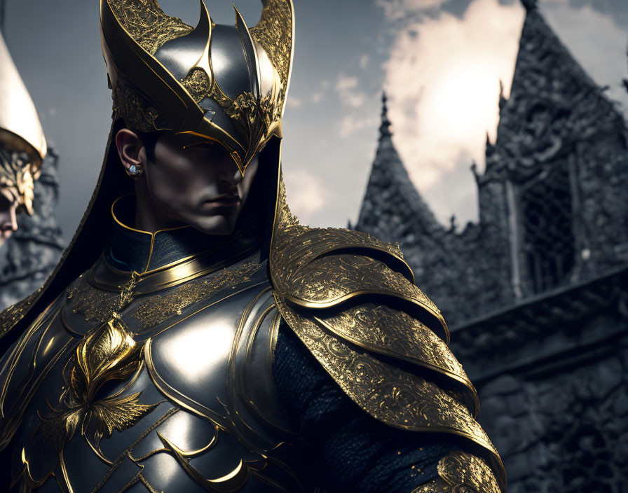 Person in ornate golden armor against dramatic castle backdrop