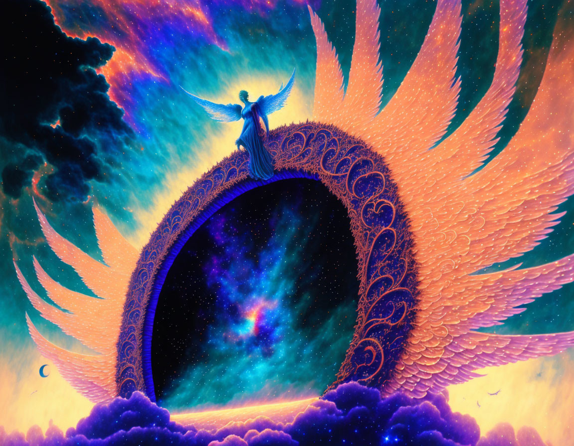 Surreal illustration of person on grand circular arch with wings in cosmic sky