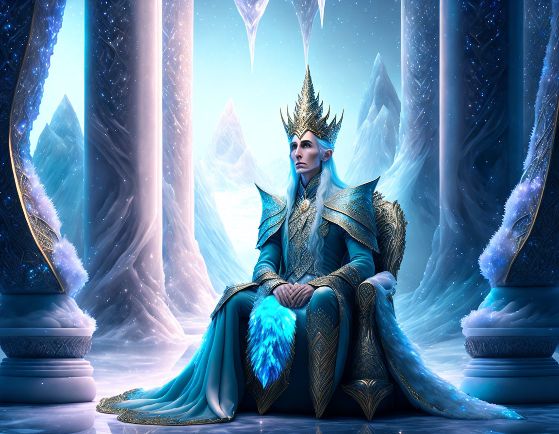 Regal figure in ornate blue armor on icy throne surrounded by crystals