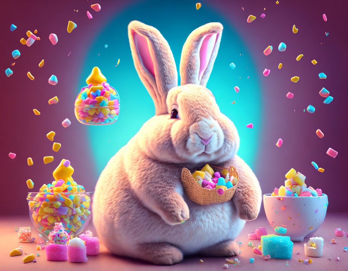 Colorful Easter Bunny Illustration with Eggs and Sweets