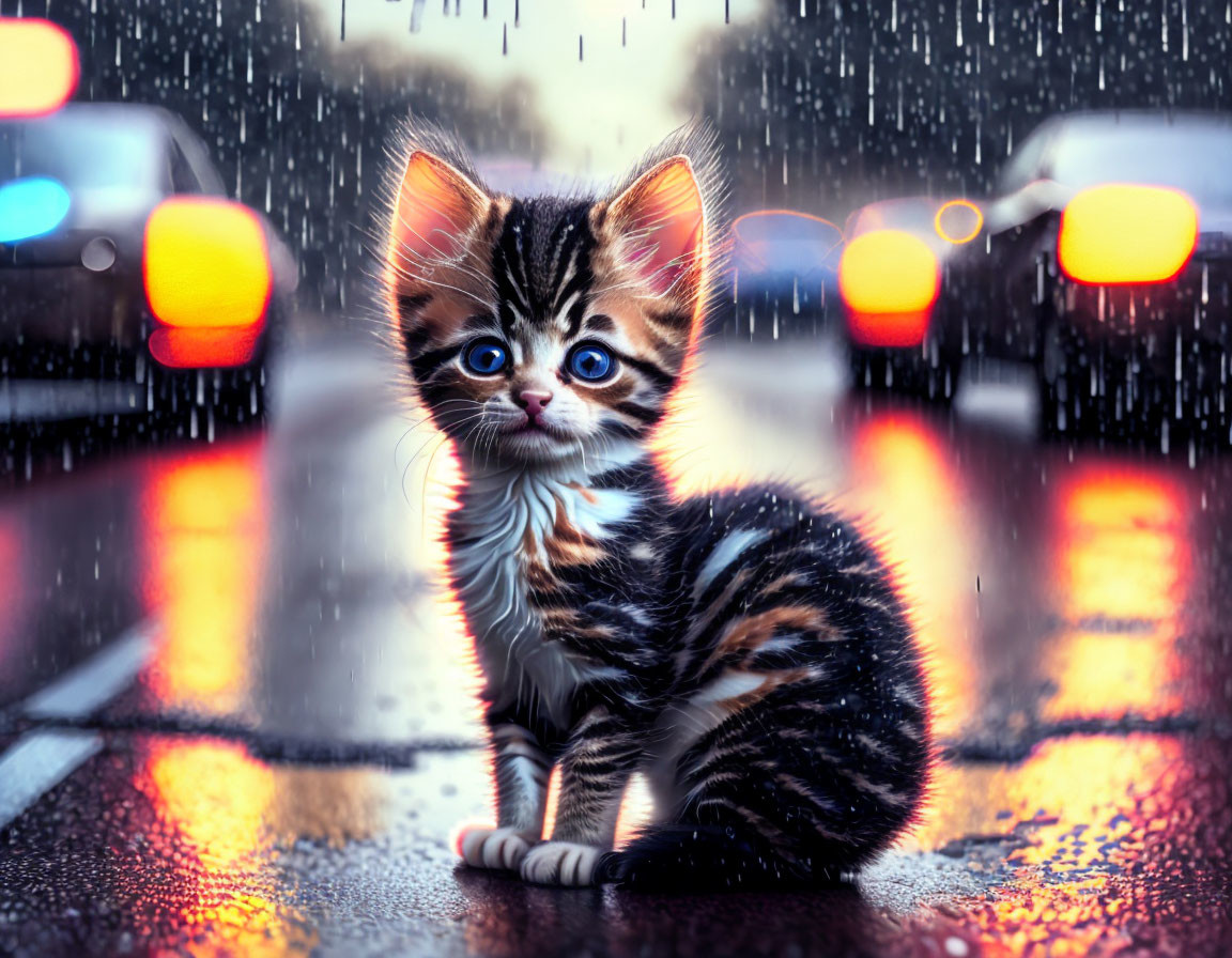 Tabby Kitten with Blue Eyes on Wet Road at Twilight