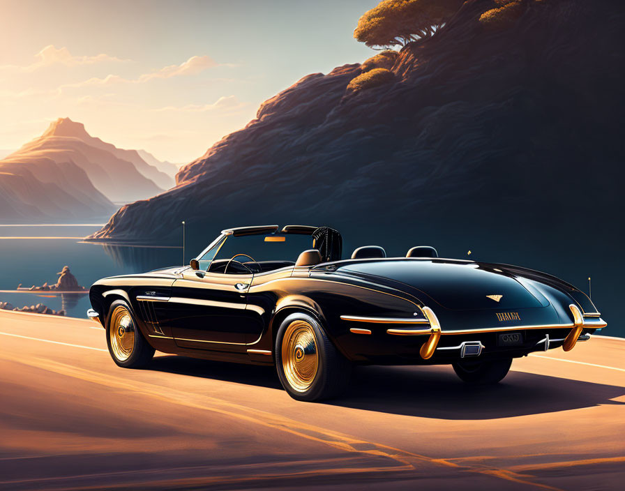 Vintage Convertible Car at Cliff During Sunset with Mountain Landscape