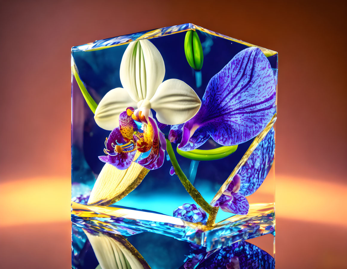 Orchid flowers in transparent cube on orange gradient background