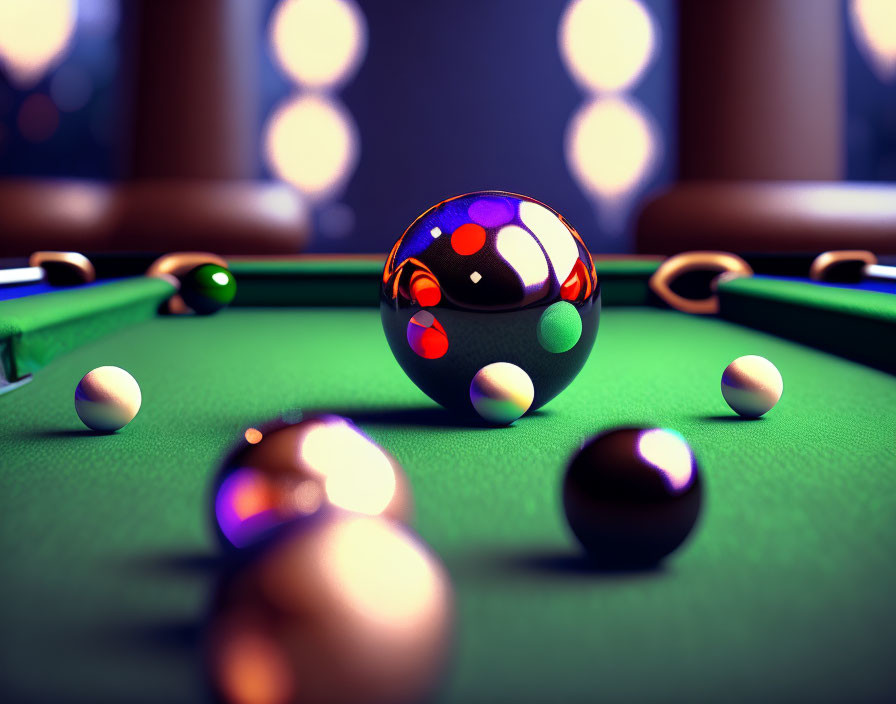 Close-up of billiard balls on green pool table with shiny ball reflecting colorful bokeh lights