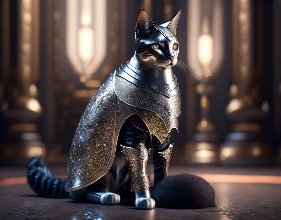 3D illustration of black cat in ornate silver armor in luxurious palace