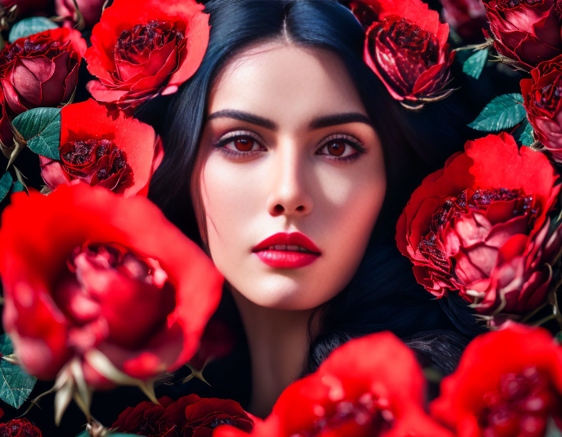 Dark-haired woman with red lipstick among vibrant red roses.