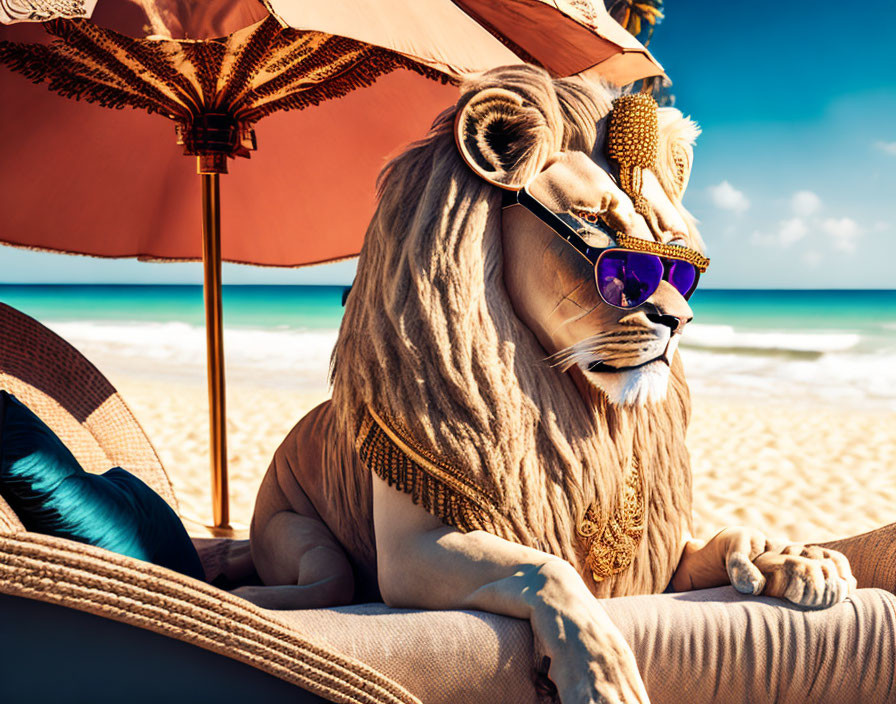 Extravagant lion with human body relaxing on beach with crown, sunglasses, and gold chain