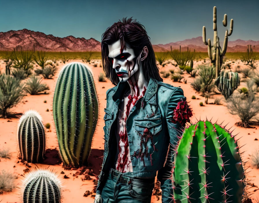 Person with zombie makeup in desert with cacti & mountains