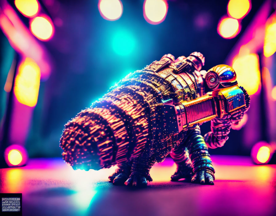 Glitter-covered toy dinosaur with toy gun in colorful bokeh lights