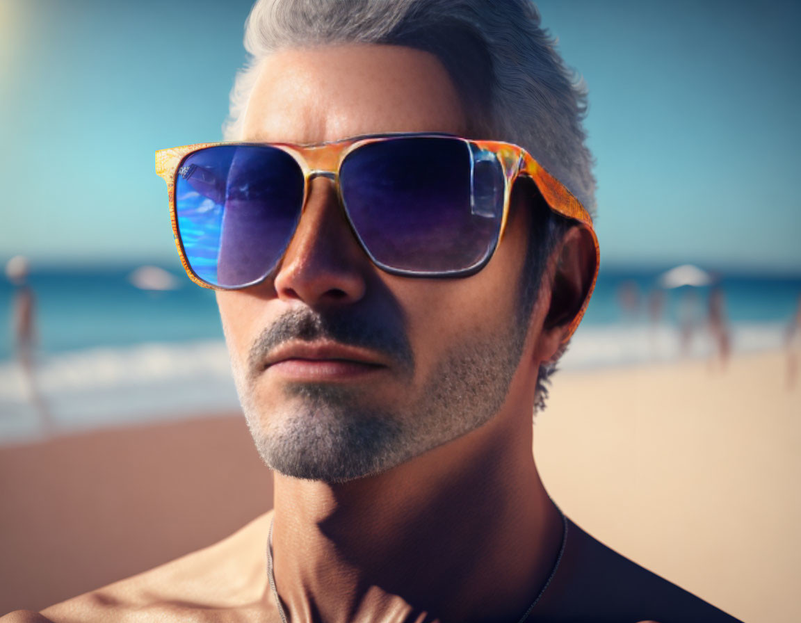 Man with Gray Hair and Beard Wearing Sunglasses on Beach