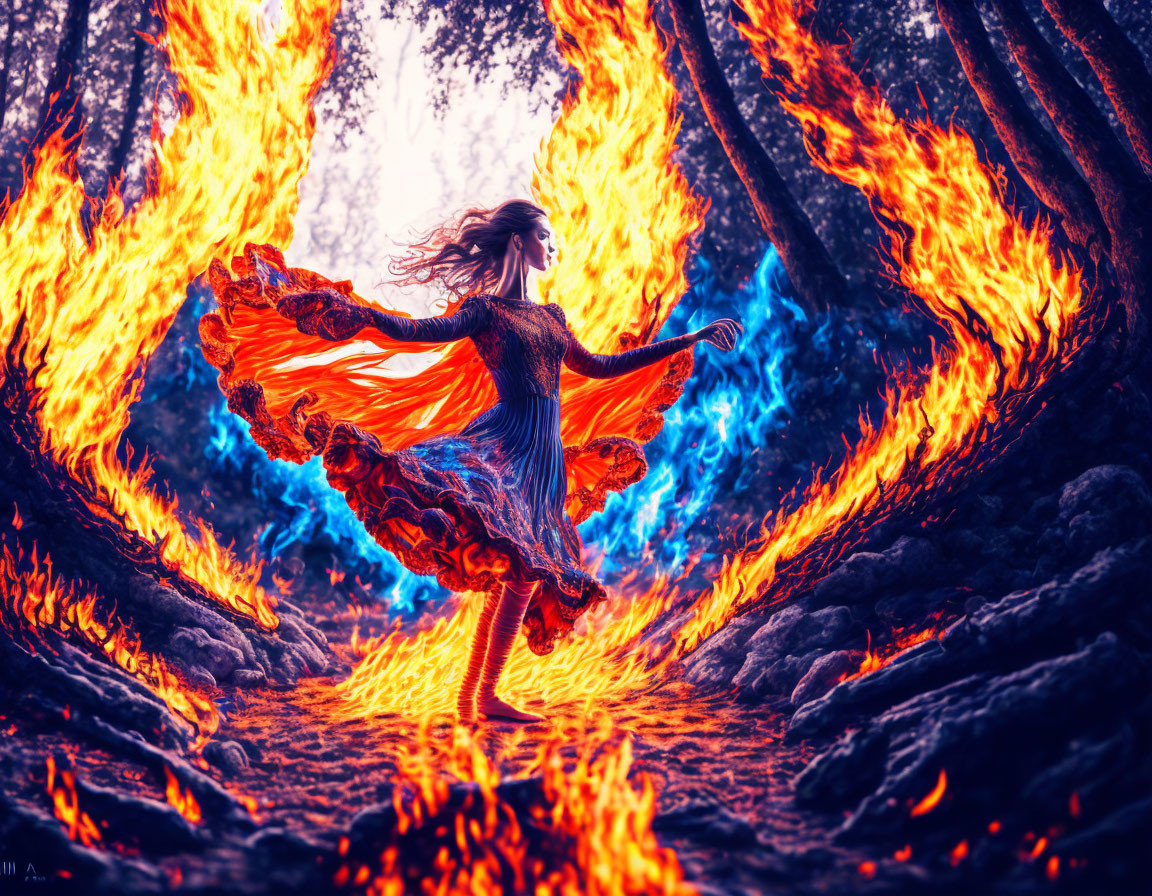 Woman in orange dress dances in vibrant flames among mystical forest pathway