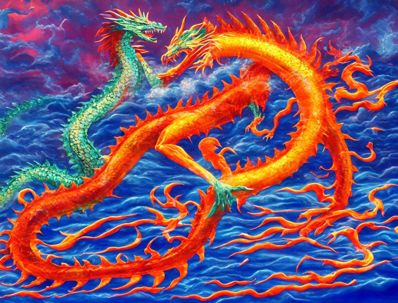 Mythical fiery orange dragon painting with blue and green mane in dramatic sky