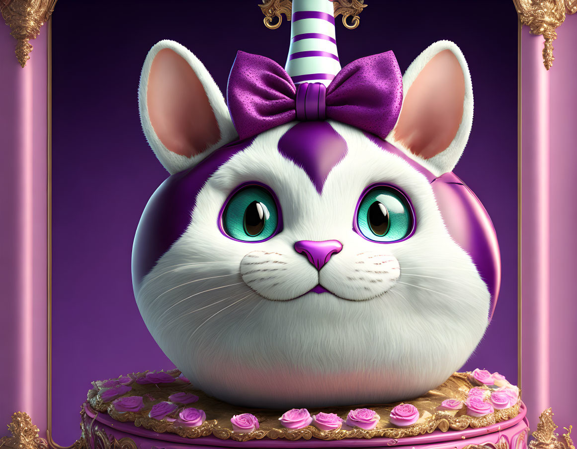Whimsical digital art: Large-eyed white cat with striped hat and purple bow on ornate pedestal