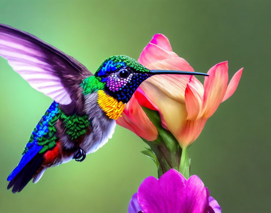 Colorful hummingbird near pink and yellow flower on green background