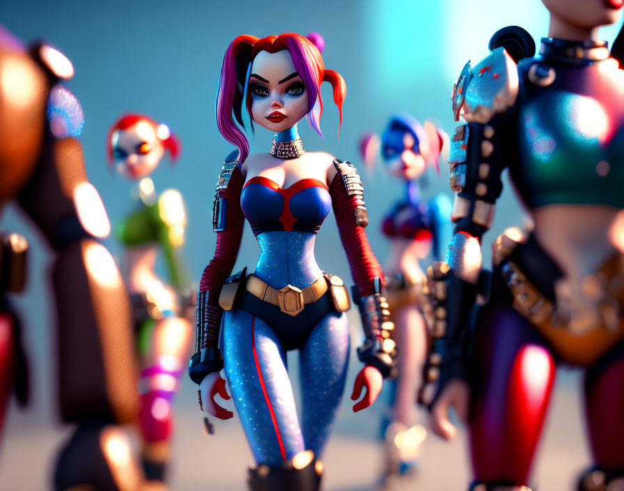 Colorful Stylized Female Figures with Red and Blue Hair and Futuristic Costume