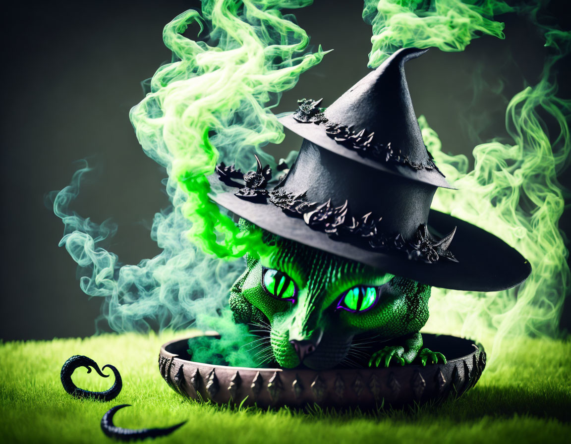 Green-eyed Cat in Witch's Hat Surrounded by Eerie Smoke on Grass