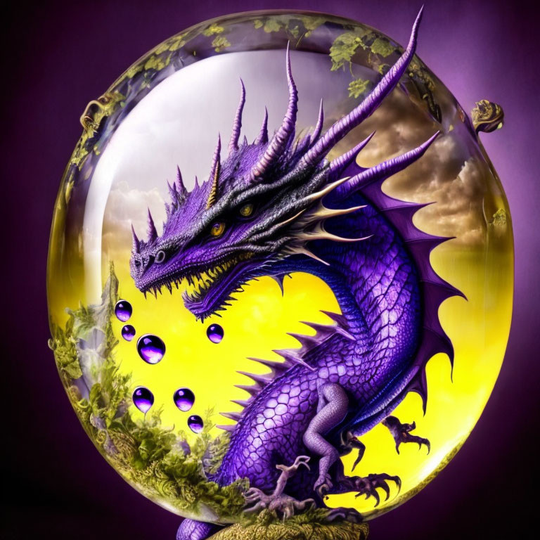 Purple Dragon in Translucent Sphere on Purple Background with Bubbles