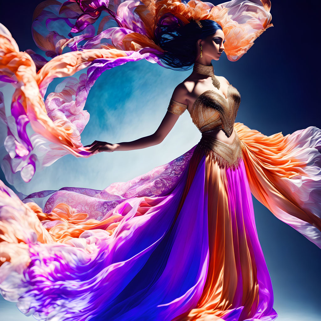 Vibrant woman in orange and purple dress against blue backdrop
