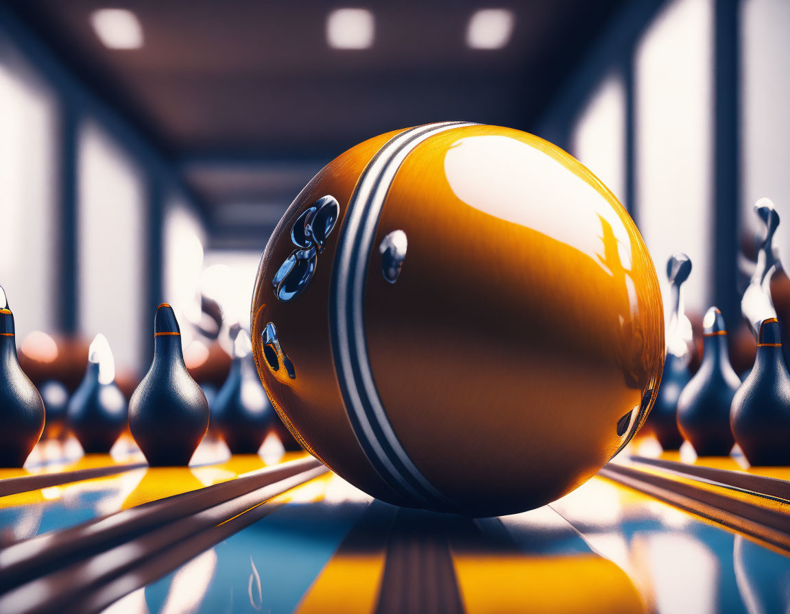 Shiny Golden Bowling Ball on Lane with Blurred Pins in Background